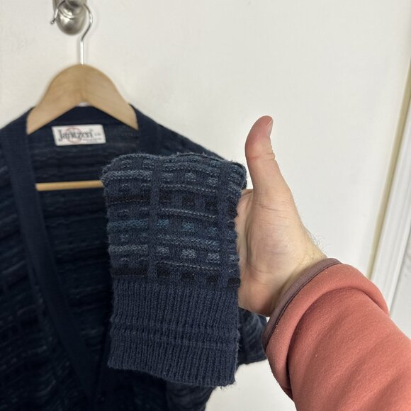 Vintage Jantzen Men L Sweater Knit Cardigan 80s Dad Cosby Grandad Blue Mohair V - Picture 3 of 7